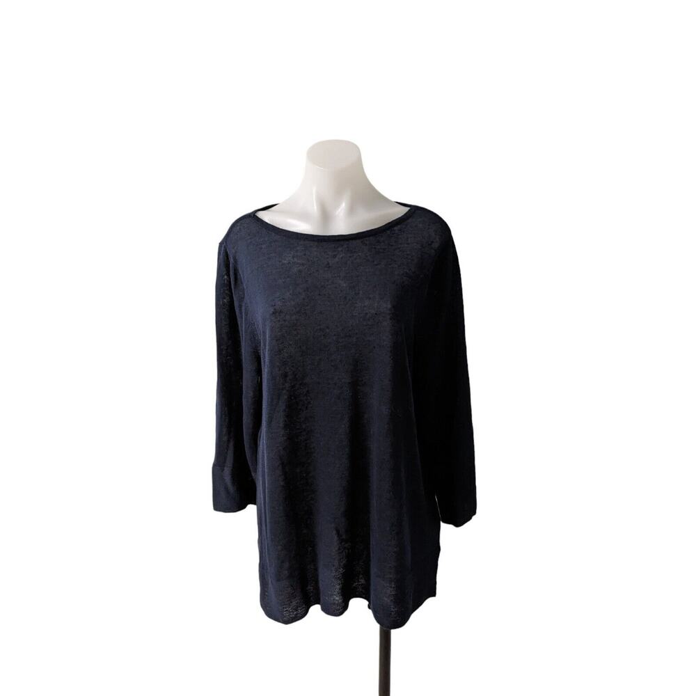 J. Jill Size Large Crew Neck Tee Top Blue Linen Cotton Blend Slits Long Sleeves